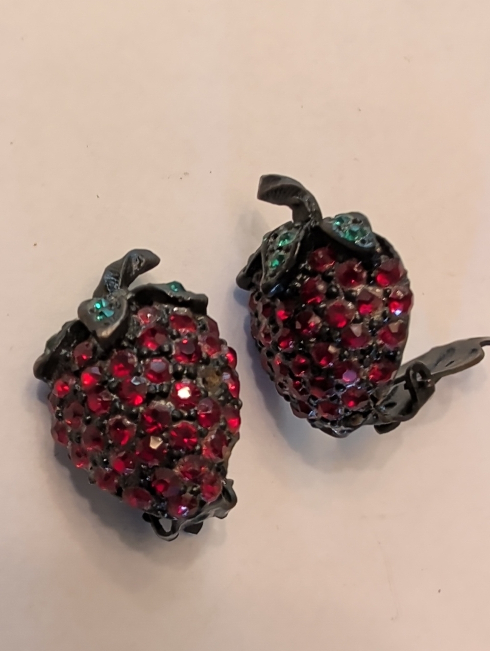 Albert Weiss Red and Green Strawberry Clip-On Earrings (Missing Crystals)
